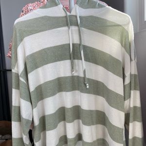 Forever 21 White and Green Striped Cropped Hoodie